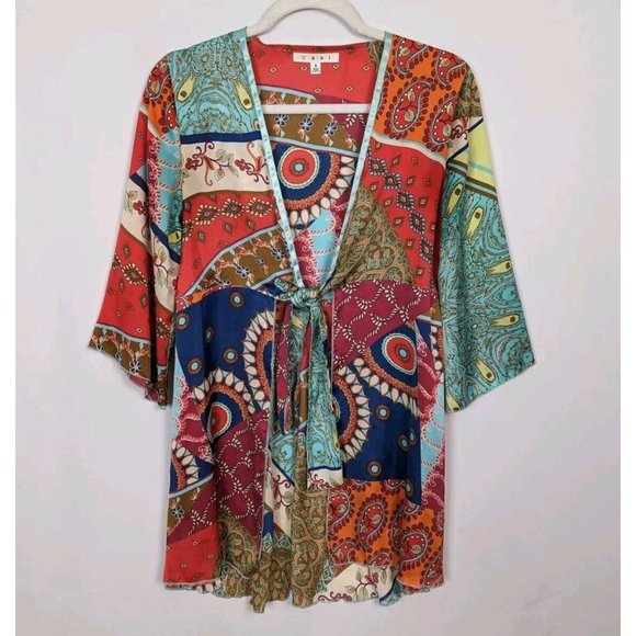 Cabi S Vintage Y2K Paisley Scarf Patchwork Print Tie Front Kimono Cardigan Boho - Picture 1 of 10